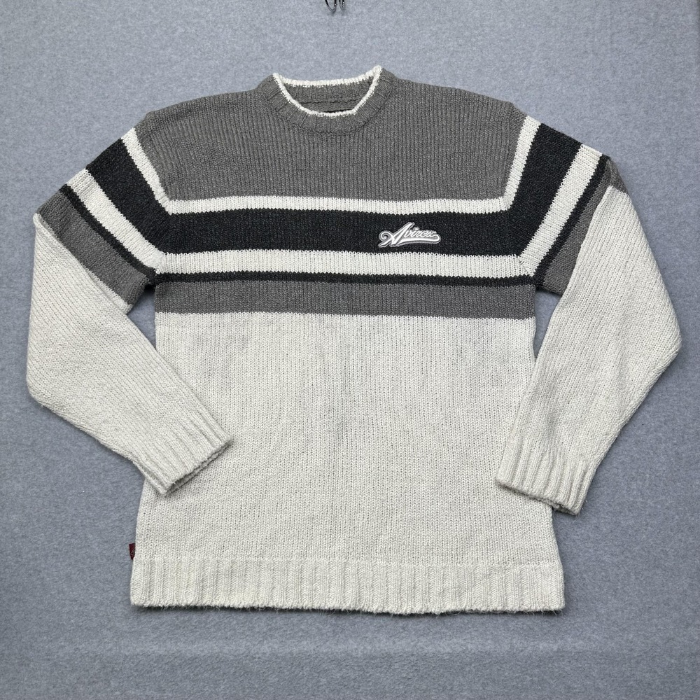 Avirex Sweater Mens 2XL Gray Black White Striped‎ Crewneck Pullover Knit VTG 90s